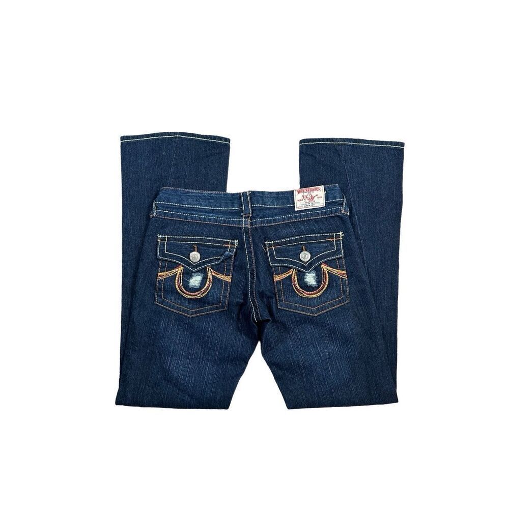 true religion y2k boot cut dark wash low rise denim jeans flared leg women’s 28